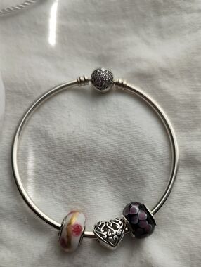 Pandora Silver Bracelet with Pink Floral and Purple Murano Charms